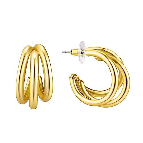 Klobige Gold-Dreifach-Creolen-Ohrringe für damen, dick, 14K Gold offene Creolen, leichte hohle Ohrringe, Goldschmuck von SEVENWELL