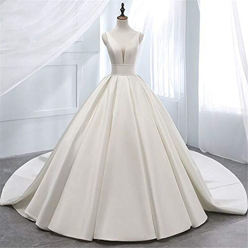 SEVENYXX Brautjungfernkleid Braut Schulter V-Ausschnitt Satin Hochzeit Kurzarm Lange Spitze A-Linie Brautkleid Abendkleid, Weiß, 18w von SEVENYXX