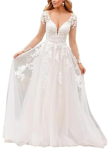 SEVENYXX Brautkleid Frauen Bohemian Brautkleid V-Ausschnitt Spitze Kleid, weiß, 40 von SEVENYXX