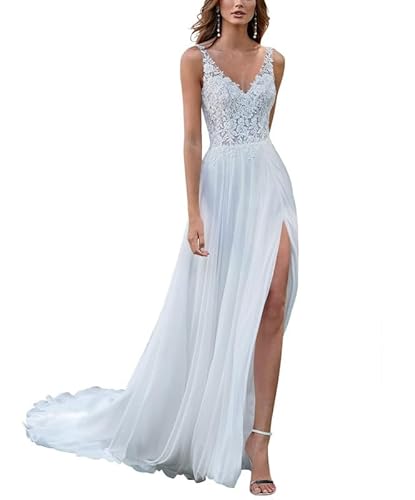 SEVENYXX Brautkleid Spitze Bohemian Brautkleid Lange Brautkleid, weiß, 36 von SEVENYXX