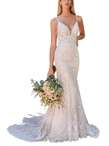 SEVENYXX Brautkleider Spaghettiträger Meerjungfrau Hochzeitskleider mit Schleppe Standesamtliche Brautmode, Ivory, 42 von SEVENYXX