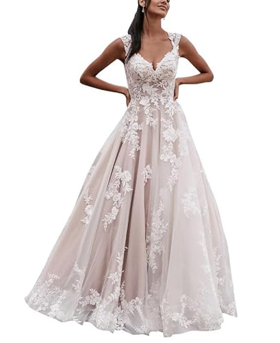 SEVENYXX Damen Brautkleid Lang A-Linie Standesamt Hochzeitskleid Prinzessin Spitzen Brautmode Kleid, White, 42 von SEVENYXX