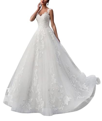 SEVENYXX Damen Prinzessin Brautkleid A-Linie Spitze Dünne Gaze Brautmode, Weiß, 50 von SEVENYXX