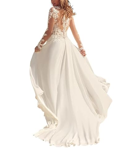 SEVENYXX Damen Brautkleider Hochzeitskleider Langarm Chiffon Strand Brautkleid mit Schlitz, Ivory, 40 von SEVENYXX