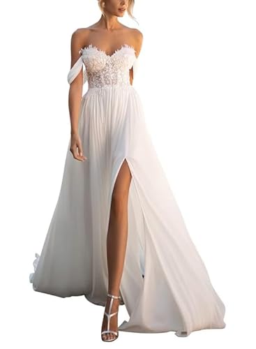 SEVENYXX Damen Brautkleider Standesamt Schulterfrei Hochzeitskleider Chiffon Brautkleid mit Schlitz, Ivory, 38 von SEVENYXX