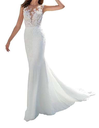 SEVENYXX Meerjungfrau Brautkleider Ärmellos Standesamt Hochzeitskleider Chiffon Lang Brautkleid, White, 34 von SEVENYXX
