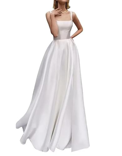SEVENYXX Satin Brautkleid A-Linie Lange Brautkleid Ärmellos, Weiß, 38 von SEVENYXX
