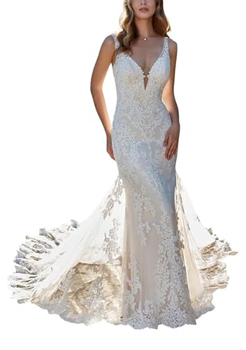 SEVENYXX Spitzen Brautkleider Hochzeitskleider Standesamtliche Meerjungfrau Brautkleid mit Schleppe, White, 36 von SEVENYXX