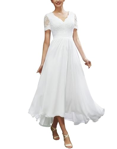 SEVENYXX Vintage Brautkleider A-Linie Spitzen Hochzeitskleid Kurzarm Standesamtliche Schlichte Brautmode, Ivory, 42 von SEVENYXX