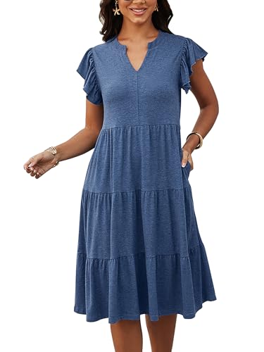 SEVETAT Damen Abgestuft Lang Sommerkleid Rüschenärmel V-Ausschnitt Midi Kleid Casual Lose Midikleid Mode Einfarbig Freizeitkleid Sommer Urlaub Strandkleid Blusenkleid (L, Blau) von SEVETAT