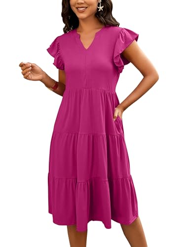 SEVETAT Damen Abgestuft Lang Sommerkleid Rüschenärmel V-Ausschnitt Midi Kleid Casual Lose Midikleid Mode Einfarbig Freizeitkleid Sommer Urlaub Strandkleid Blusenkleid (L, Rosenrot) von SEVETAT