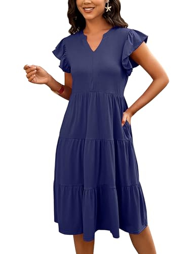 SEVETAT Damen Abgestuft Lang Sommerkleid Rüschenärmel V-Ausschnitt Midi Kleid Casual Lose Midikleid Mode Einfarbig Freizeitkleid Sommer Urlaub Strandkleid Blusenkleid (S, Marineblau) von SEVETAT