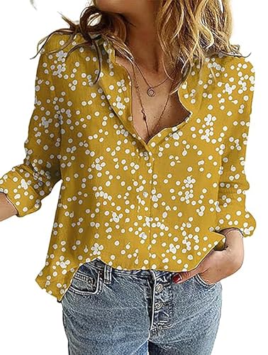 SEVETAT Damen Button Down Bluse Oberteil V-Ausschnitt Roll Up Langarm Blusen Shirt Boho Blumendruck Top Hemden Casual Lose Langarmshirt Blusenshirt (S, Gelb) von SEVETAT