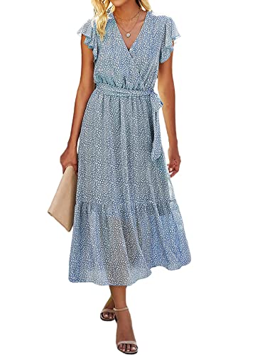 SEVETAT Damen Chiffon Boho Lange Kleid mit Gürtel Sommerkleid Partykleid Elegant V-Ausschnitt Maxikleid Blumenkleid Abendkleid Rüschen Strandkleid Cocktailkleid (Hellblau, M) von SEVETAT