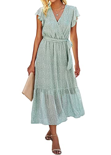 SEVETAT Damen Chiffon Boho Lange Kleid mit Gürtel Sommerkleid Partykleid Elegant V-Ausschnitt Maxikleid Blumenkleid Abendkleid Rüschen Strandkleid Cocktailkleid (Hellgrün, M) von SEVETAT