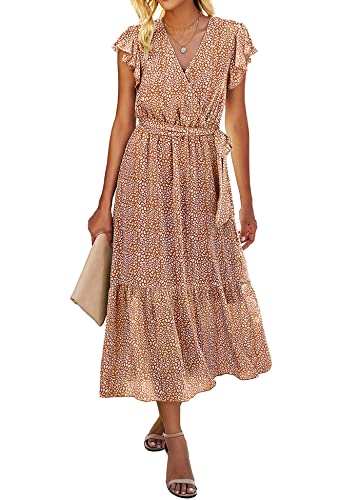 SEVETAT Damen Chiffon Boho Lange Kleid mit Gürtel Sommerkleid Partykleid Elegant V-Ausschnitt Maxikleid Blumenkleid Abendkleid Rüschen Strandkleid Cocktailkleid (Kaffeefarbe, L) von SEVETAT