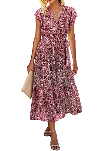 SEVETAT Damen Chiffon Boho Lange Kleid mit Gürtel Sommerkleid Partykleid Elegant V-Ausschnitt Maxikleid Blumenkleid Abendkleid Rüschen Strandkleid Cocktailkleid (Rot, L) von SEVETAT