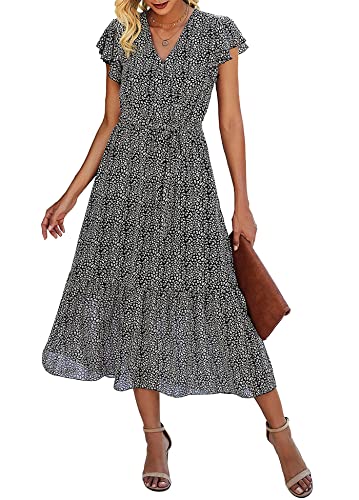 SEVETAT Damen Chiffon Boho Lange Kleid mit Gürtel Sommerkleid Partykleid Elegant V-Ausschnitt Maxikleid Blumenkleid Abendkleid Rüschen Strandkleid Cocktailkleid (Schwarz, L) von SEVETAT