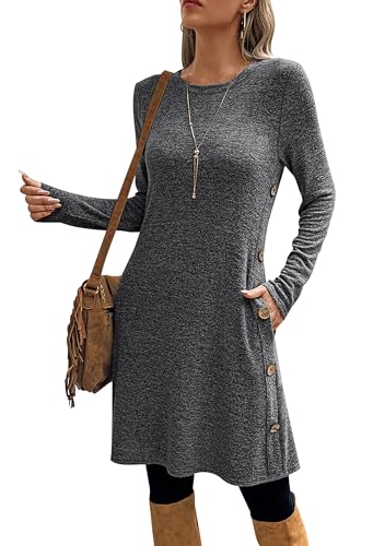 SEVETAT Damen Herbst Winter Elegant Strickkleid Tunika Kleid Casual Lose Pulloverkleid Blusenkleid Rundhals Langarm Leicht Jumper Kleider Freizeitkleid mit Taschen und Seite Knöpfen (M, Dunkelgrau) von SEVETAT