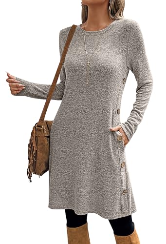 SEVETAT Damen Herbst Winter Elegant Strickkleid Tunika Kleid Casual Lose Pulloverkleid Blusenkleid Rundhals Langarm Leicht Jumper Kleider Freizeitkleid mit Taschen und Seite Knöpfen (M, Kaffee) von SEVETAT