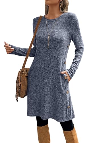 SEVETAT Damen Herbst Winter Elegant Strickkleid Tunika Kleid Casual Lose Pulloverkleid Blusenkleid Rundhals Langarm Leicht Jumper Kleider Freizeitkleid mit Taschen und Seite Knöpfen (XL, Grau Blau) von SEVETAT