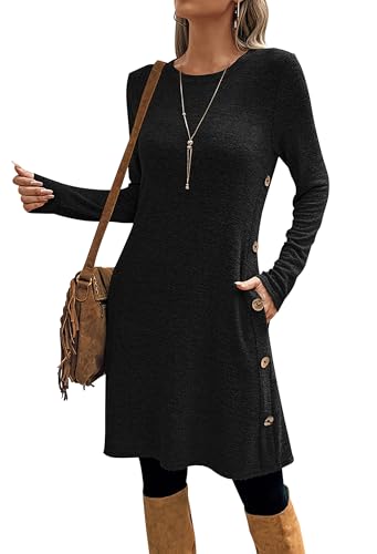 SEVETAT Damen Herbst Winter Elegant Strickkleid Tunika Kleid Casual Lose Pulloverkleid Blusenkleid Rundhals Langarm Leicht Jumper Kleider Freizeitkleid mit Taschen und Seite Knöpfen (XL, Schwarz) von SEVETAT