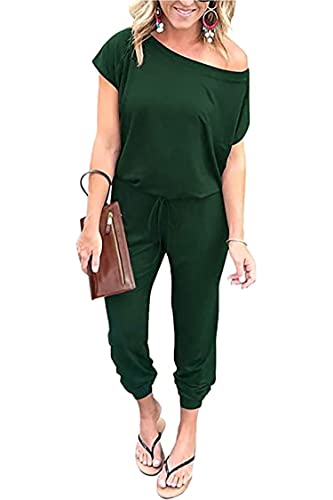 SEVETAT Damen Lose Einfarbig Off Shoulder Elastische Taille Lang Jumpsuit Romper Dehnbar Overall Einteiler Onesie Hosenanzug Playsuit (L, Dunkelgrün) von SEVETAT