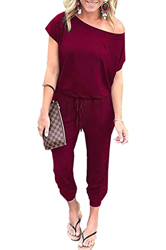 SEVETAT Damen Lose Einfarbig Off Shoulder Elastische Taille Lang Jumpsuit Romper Dehnbar Overall Einteiler Onesie Hosenanzug Playsuit (L, Weinrot) von SEVETAT