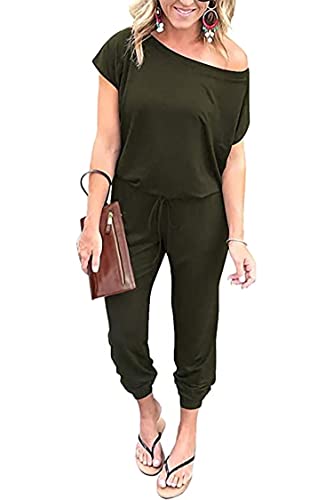 SEVETAT Damen Lose Einfarbig Off Shoulder Elastische Taille Lang Jumpsuit Romper Dehnbar Overall Einteiler Onesie Hosenanzug Playsuit (S, Armeegrün) von SEVETAT