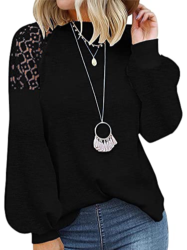 SEVETAT Damen Oberteil Spitze Spleißen Langarm Bluse Strickpullover Elegant Waffel Strick Langarmshirt T-Shirt Casual Lose Tunika Tops Rundhals Einfarbig Jumper Pulli (L, Schwarz) von SEVETAT