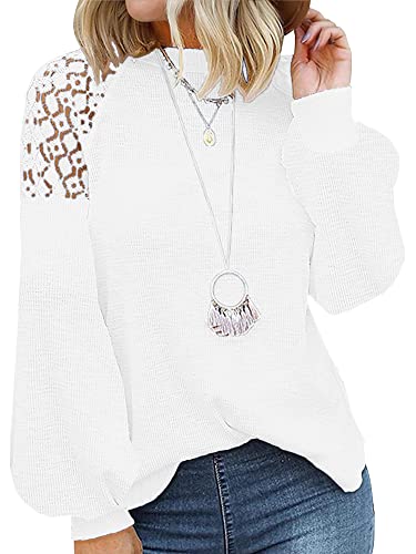 SEVETAT Damen Oberteil Spitze Spleißen Langarm Bluse Strickpullover Elegant Waffel Strick Langarmshirt T-Shirt Casual Lose Tunika Tops Rundhals Einfarbig Jumper Pulli (M, Weiß) von SEVETAT