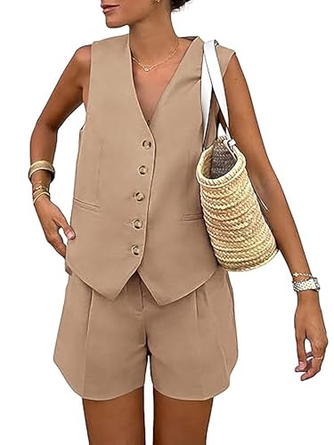 SEVETAT Damen Sommer 2-Teilige Outfits Ärmellos Passende Sets Einfarbig Zweiteiler Freizeitanzug Elegant Button-Down V-Ausschnitt Weste Waistcoat und Shorts mit Taschen (M, Khaki) von SEVETAT