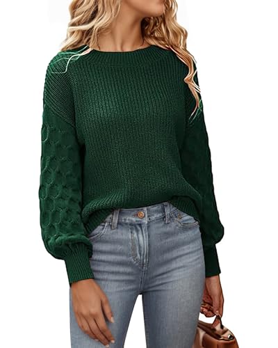 SEVETAT Pullover Damen Herbst Winter Elegant Rundhals Langarm Pulli Oberteil Einfarbig Grobstrick Jumper Sweater Casual Lose Strickpullover Sweatshirt（L, Dunkelgrün） von SEVETAT