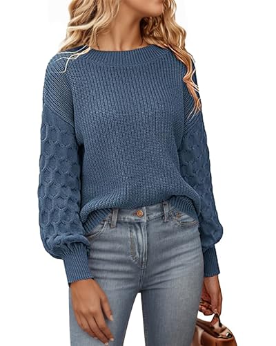SEVETAT Pullover Damen Herbst Winter Elegant Rundhals Langarm Pulli Oberteil Einfarbig Grobstrick Jumper Sweater Casual Lose Strickpullover Sweatshirt（S, Graublau） von SEVETAT