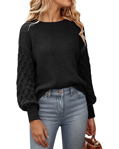 SEVETAT Pullover Damen Herbst Winter Elegant Rundhals Langarm Pulli Oberteil Einfarbig Grobstrick Jumper Sweater Casual Lose Strickpullover Sweatshirt（S, Schwarz） von SEVETAT