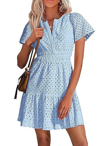 SEVETAT Sommerkleid Damen Kurz A Linie Kleid Abendkleid Elegant Aushöhlen Bestickt Rüschen Minikleid Partykleid Freizeit V-Ausschnitt Kurzarm Sommer Süß Strandkleid (XL, Hellblau) von SEVETAT