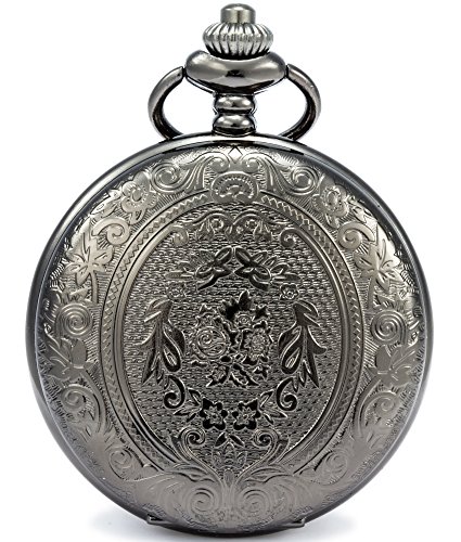 SEWOR Classic geschnitzt Shell Zifferblatt Japanisches Quarz-Uhrwerk Taschenuhr mit Fashion Double Kette (Metall & Leder) (Black) von SEWOR