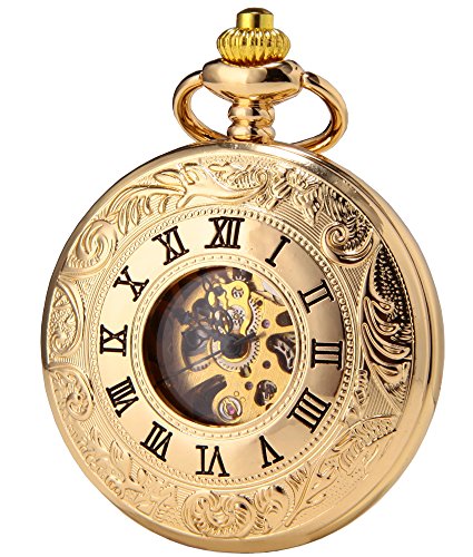 SEWOR Double Open Herren Analog Mechanische Handaufzugstaschenuhr mit Edelstahlarmband SEW124 (Gold) (Gold) von SEWOR