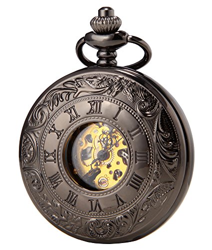 SEWOR Double Open Herren Analog Mechanische Handaufzugstaschenuhr mit Edelstahlarmband SEW126 (Schwarz) von SEWOR