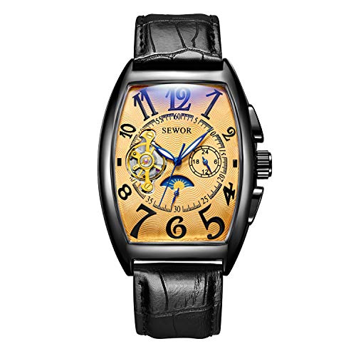 SEWOR Herren-Armbanduhr in Tonneau-Form, Mondphase, automatisch, mechanisch, selbstaufziehend, schwarz 2, Mechanisch SEWOR Herren-Armbanduhr in Tonneau-Form, Mondphase, automatisch, mechanisch, selbstaufziehend, schwarz 2, Mechanisch von SEWOR