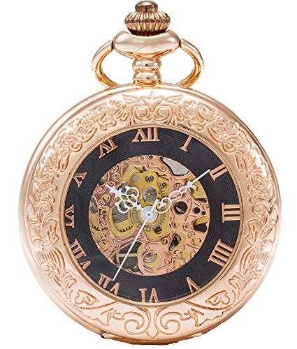 SEWOR Lupe Skelett Unisex Taschenuhr mechanischem Handaufzug mit Edelstahlkette SEW163 (Roségold) von SEWOR