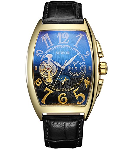 SEWOR Luxury Tourbillon Herren Mondphase automatische mechanische Armbanduhr Lederband Glasbeschichtung blau (Gold schwarz2) von SEWOR