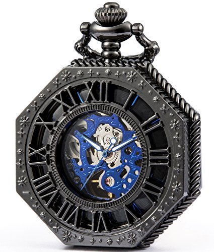 SEWOR Octagon Old School Stil Hohl römischen Ziffern mechanische Hand Wind Taschenuhr … (Schwarz) von SEWOR