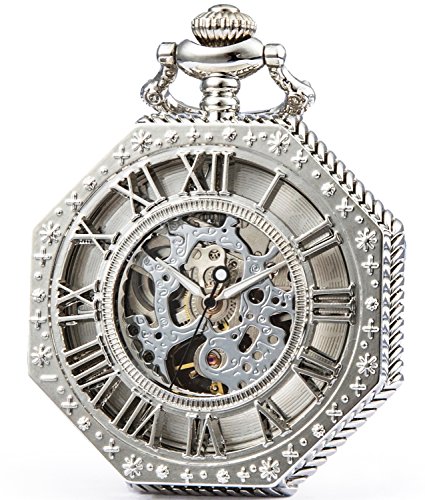 SEWOR Octagon Old School Stil Hohl römischen Ziffern mechanische Hand Wind Taschenuhr … (Silber) von SEWOR