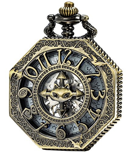 SEWOR Octagon Old School Stil Unisex Analoge Hohle arabische Zahlen mechanische Handaufzug-Taschenuhr mit Metallband SEW190 (Bronze) SEWOR Octagon Old School Stil Unisex Analoge Hohle arabische Zahlen mechanische Handaufzug-Taschenuhr mit Metallband SEW190 (Bronze) von SEWOR