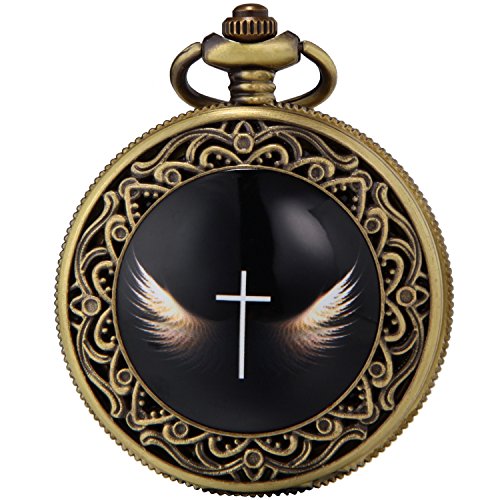 SEWOR Bronze Emaille Craft Muster Japan Quarz-Uhrwerk Taschenuhr mit doppelter Kette (Metall & Leder) (Flügel überqueren2) von SEWOR