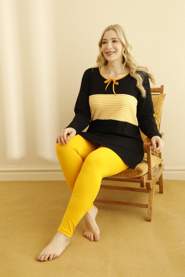 SEXEN (Siyah Inci) Pyjama Damen Pyjama-Set Große Größen – Schwarz Gelb mit Streifen Auffällige Farbkombination, ideal für große Größen von SEXEN (Siyah Inci)