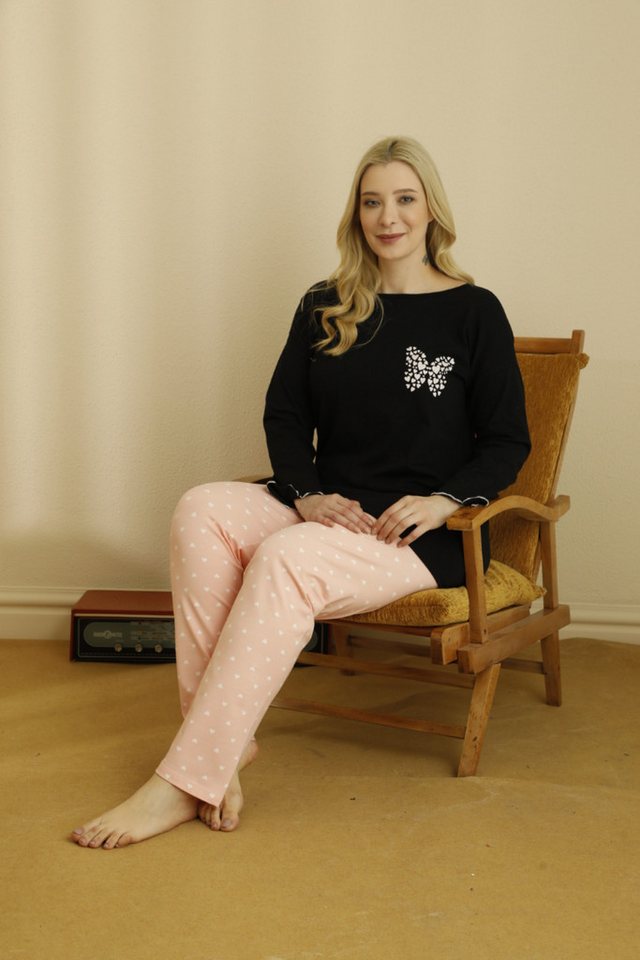 SEXEN (Siyah Inci) Schlafanzug Damen Pyjama Set Große Größen – Schwarz & Rosa mit Schmetterling Weicher Gummibund, Farbenfrohes Design, Verspielte Details von SEXEN (Siyah Inci)