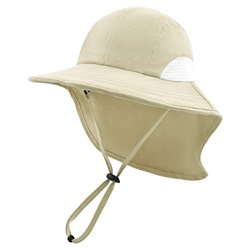 SEYUFN Baby Jungen Sonnenhut Kleinkind Sommer Strand Hüte Kleinkind Mädchen Breiter Krempe Bucket Cap Nackenklappe UV-Schutz für Kinder im Freien (4-8 Jahre, B-Khaki) von SEYUFN