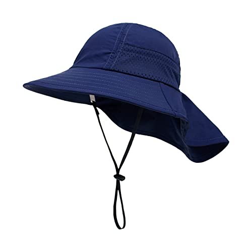 SEYUFN Baby Sonnenhut Mädchen Jungen Halskappe Kinderschutz Eimer Hüte Atmungsaktiver Baby Mädchen Strandhut Kleinkind Sommerhut (M(2-6 Jahre), C-Navy blau) von SEYUFN